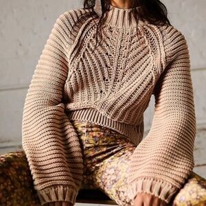 Free People Sweetheart Mock Neck Knit Pullover Sweater Sand Castle Tan GUC XS